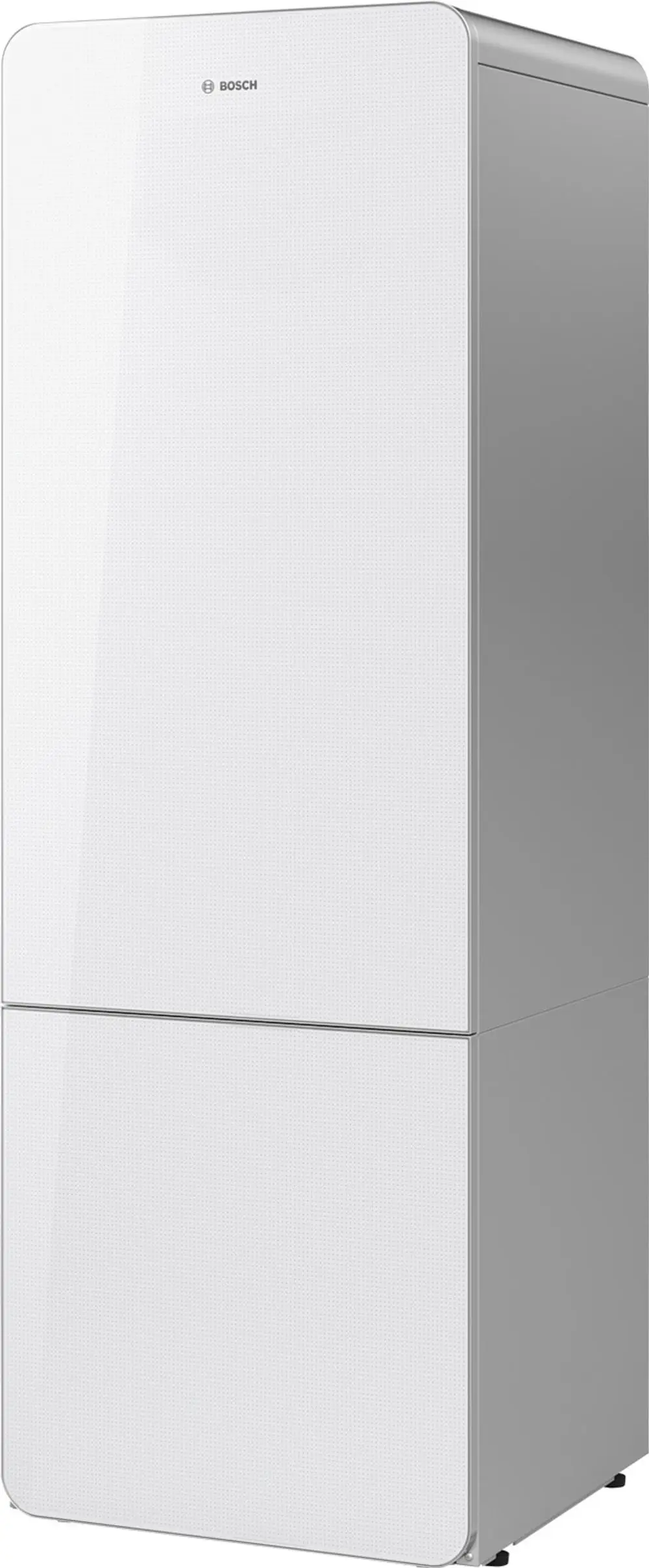 Vertikaler Kühlschrank der Marke Bosch in Weiß mit zwei Fächern, oberes Fach für Kühlung und unteres Fach für Gefrieren. Schlichte, glatte Front.